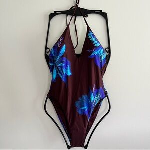 NWT BCBGMaxAzria Floral Halter One-Piece Swimsuit Brown Blue Small